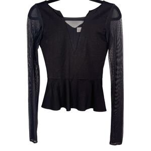 Amanda Uprichard Size P Black Mesh Peplum Long Sleeve Top Deep V Cut Out Stretch
